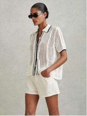 Reiss NWOT Ivory Navy Blue Linen Knitted Shirt Erica Open Stitch Crochet Top XS